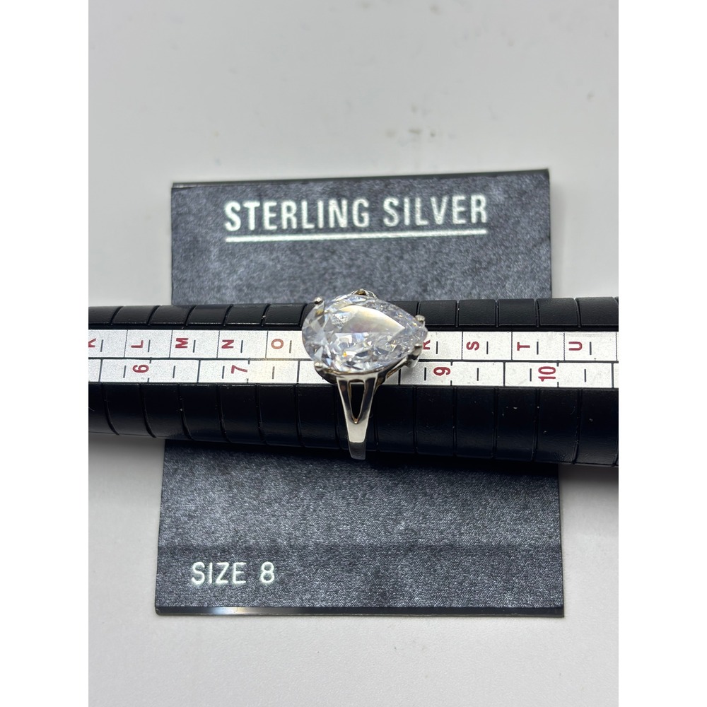 Sterling Silver Pear Cut Ring Womens Size 8 Clear Cubic Zirconia Solitaire 925